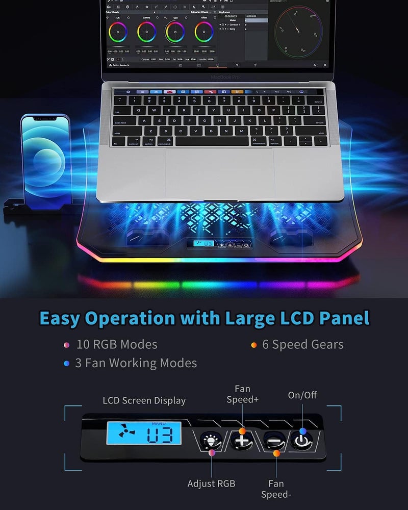 KeiBn وسادة تبريد لابتوب مطورة، مع أضواء RGB، مبرد لابتوب بـ 6 مراوح لأجهزة اللابتوب من 15.6 إلى 17.3 بوصة، 7 ارتفاعات، 10 أوضاع إضاءة، 2 منفذ USB، للاستخدام على المكتب أو في الحضن (A8، أزرق) - Image 3